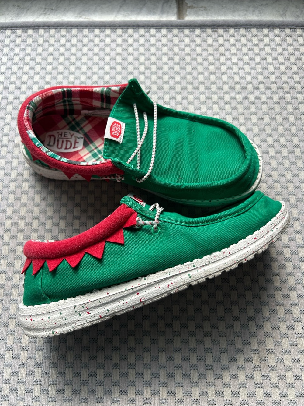 Hey Dude Kids Holiday Green Canvas Slip-Ons with Red Trim